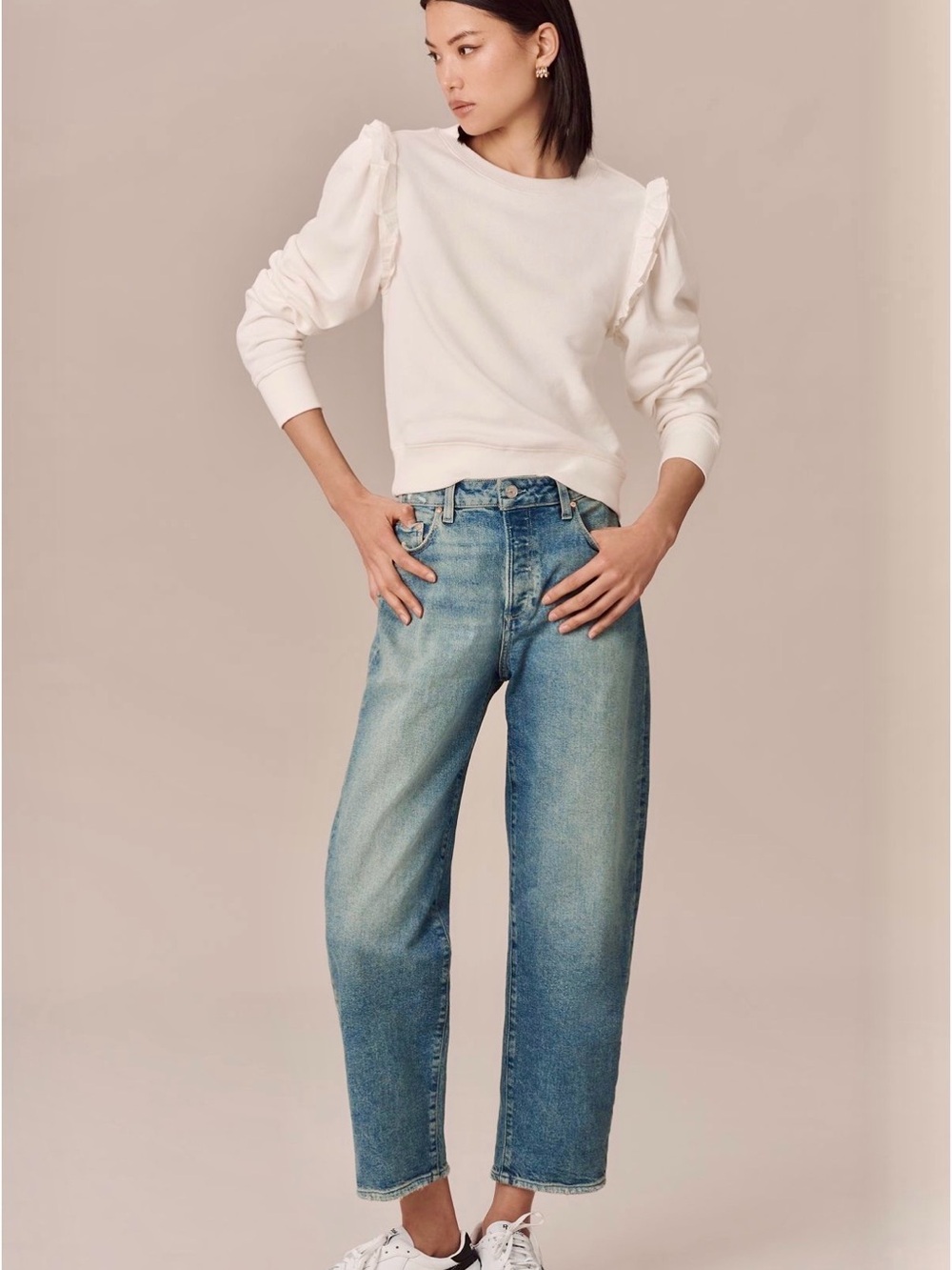 PAIGE Anthropologie Cream Ruffle-Shoulder Sweatshirt M NWT